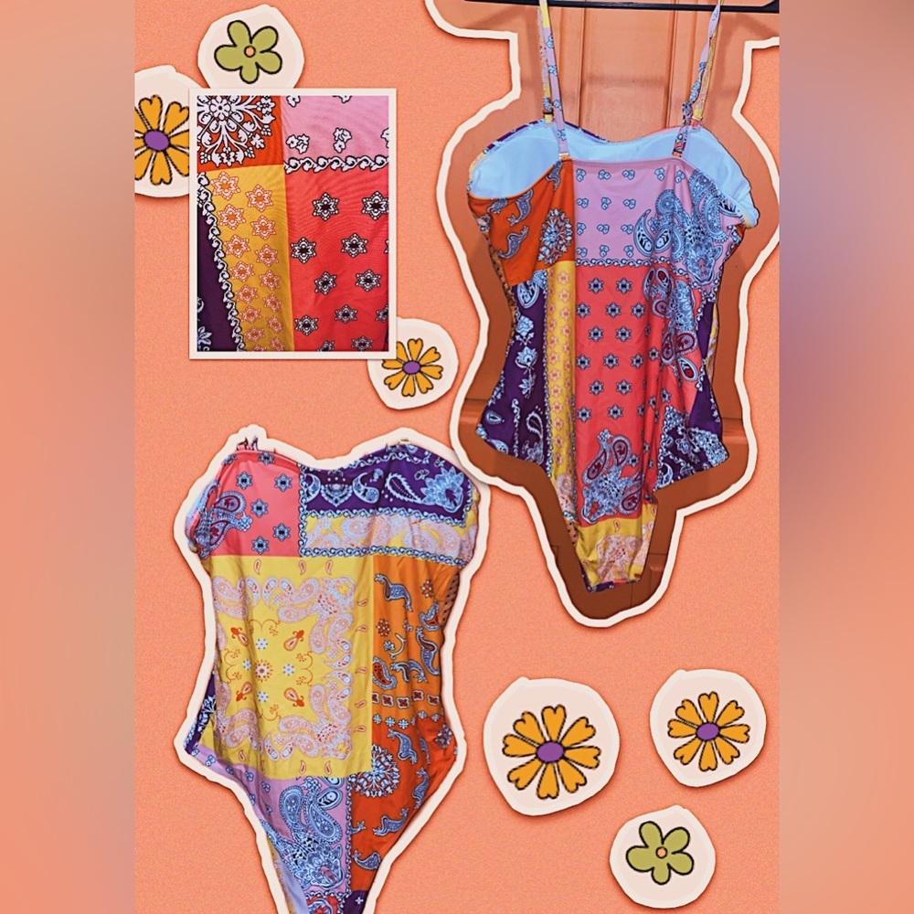 NEW patchwork bandanna once piece swim suit with removable straps